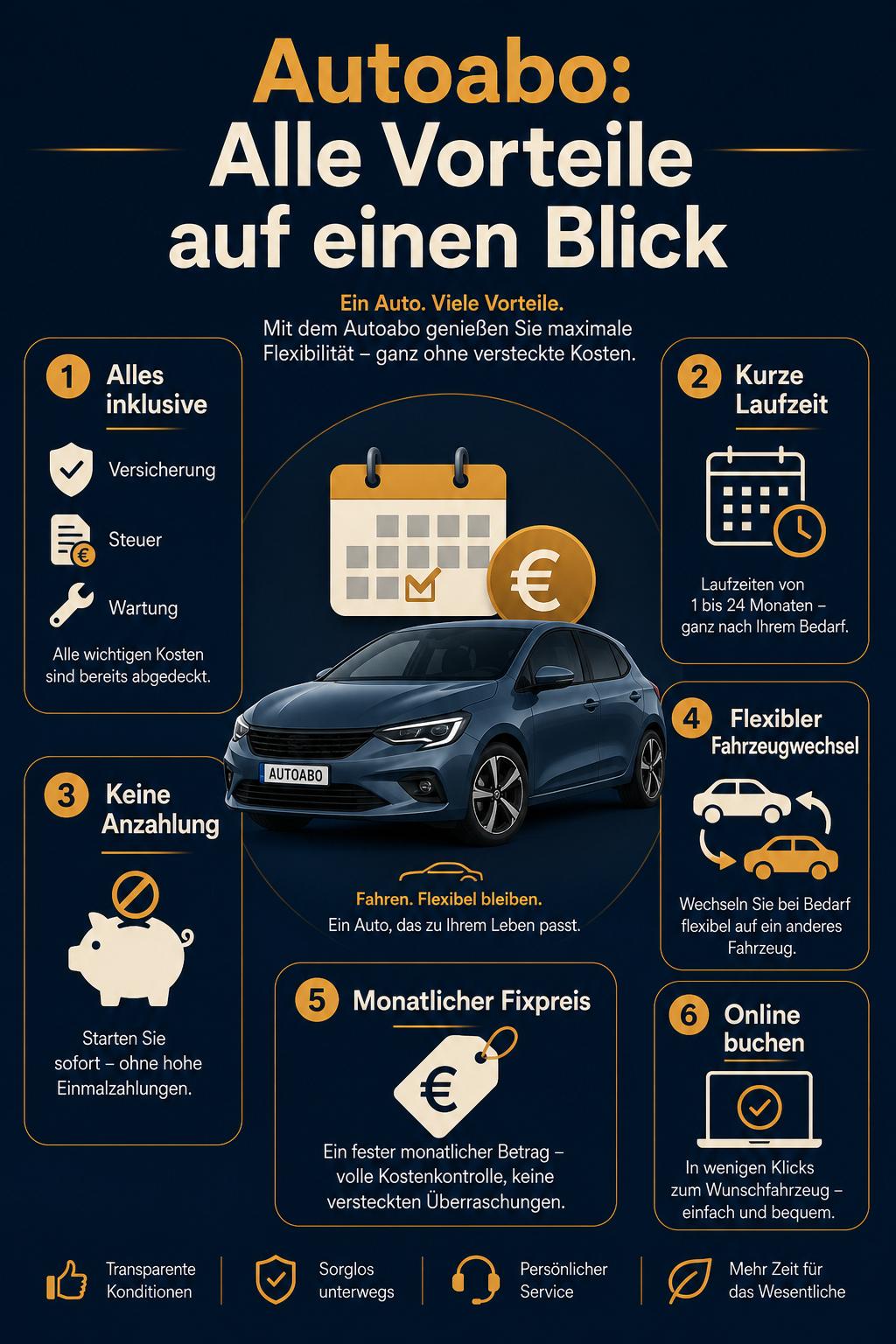 Autoabo und seine Vorteile – kompakte Übersicht 2026 Infografik Autoabo Vorteile: alles inklusive, kurze Laufzeit, keine Anzahlung, flexibler Fahrzeugwechsel, monatlicher Fixpreis, Online-Buchung